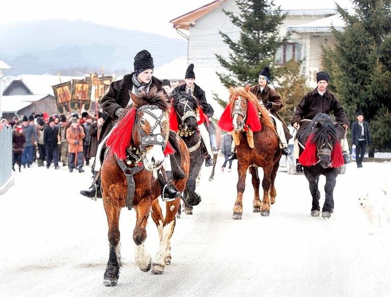 Parada cu cai și oameni în zăpadă, festival.
