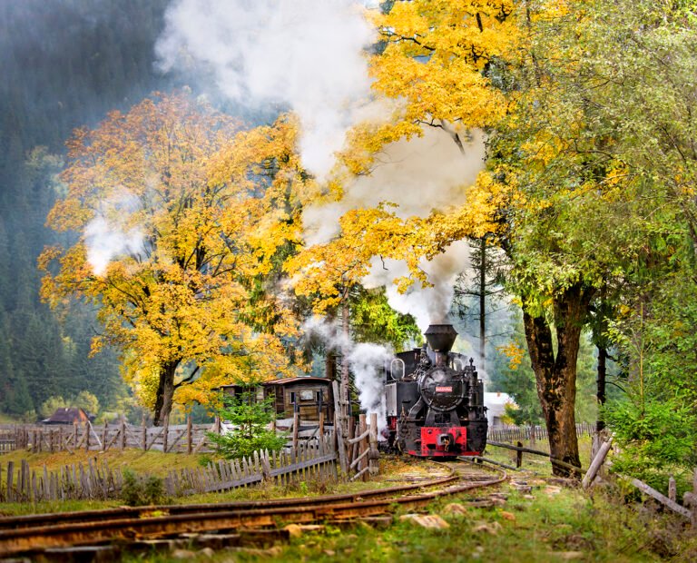 Locomotivă istorică în peisaj de toamnă montană.
