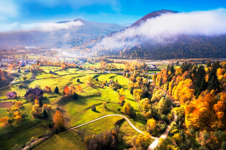 Peisaj montan de toamnă cu pădure colorată și drum.