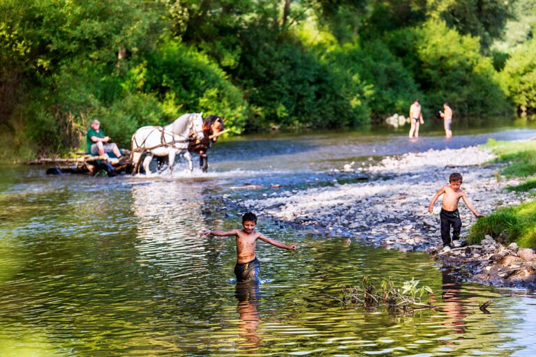 Copii jucându-se în râu cu căruță în fundal.